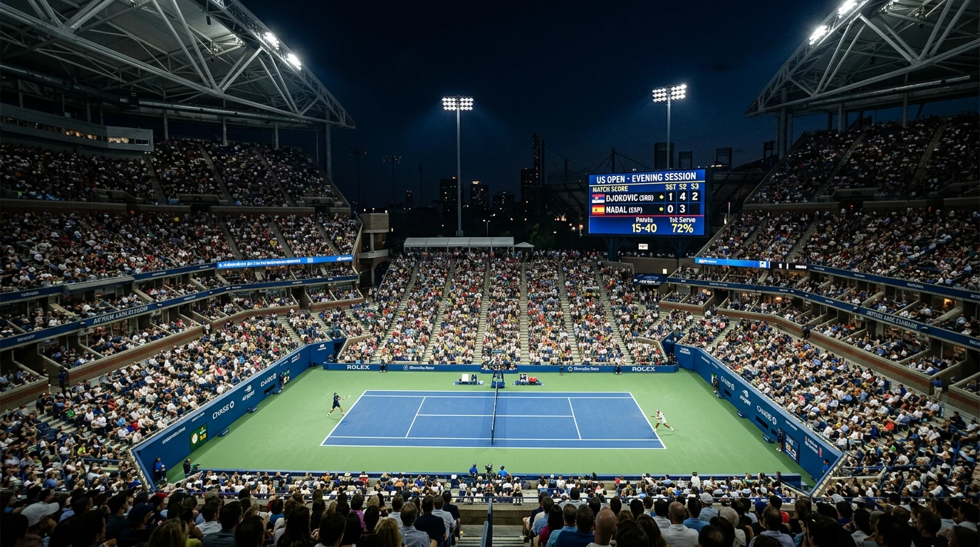 Seguimiento en directo de un partido de tenis en un estadio profesional con marcador electrónico