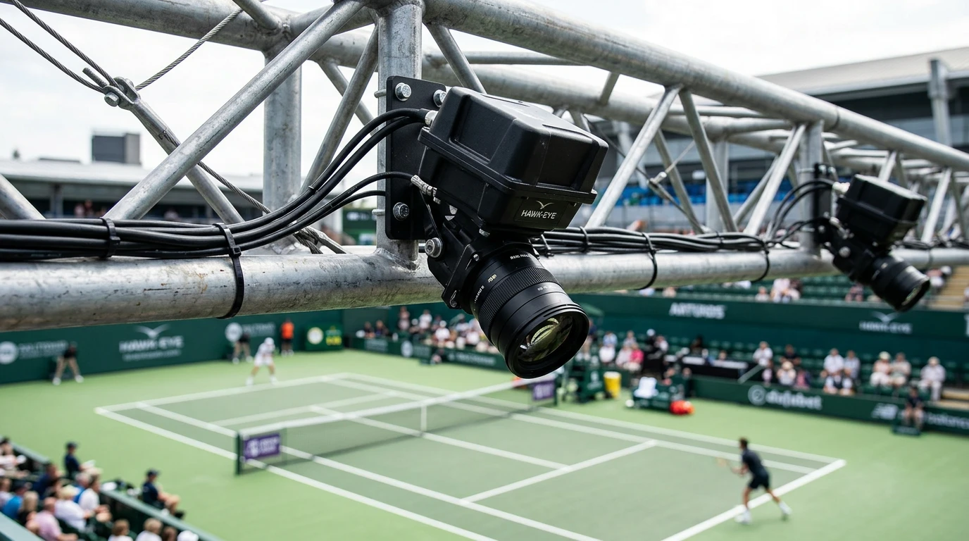 Sistema Hawk-Eye en una pista de tenis profesional con visualización de datos en tiempo real